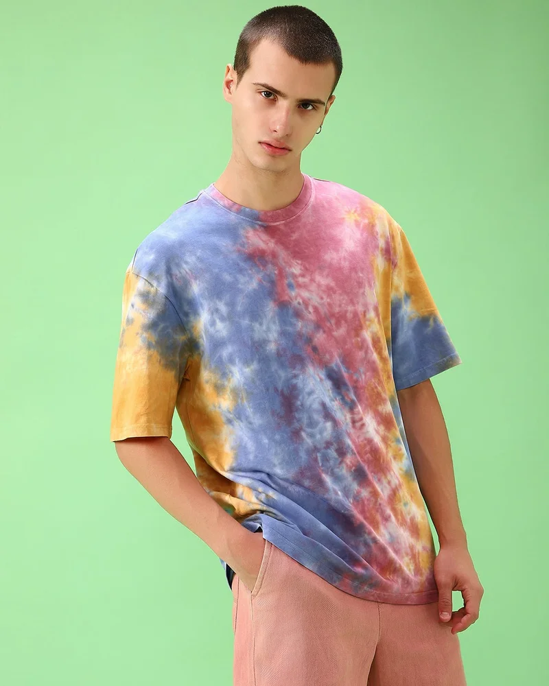 bewakoof Men's Blue & Pink Tie & Dye Oversized T-shirt